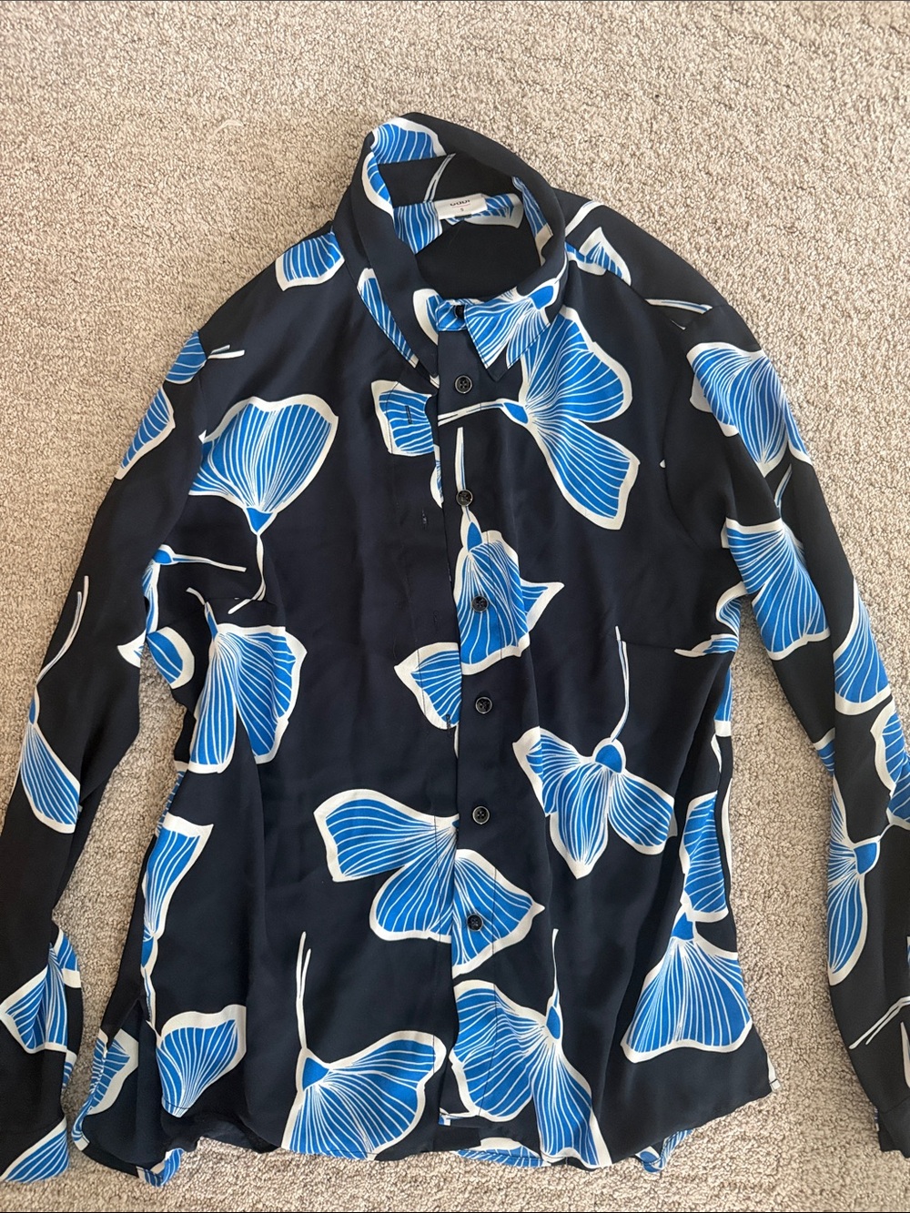 CAbi Black Button-Up Shirt Jacket with Blue Floral Motif